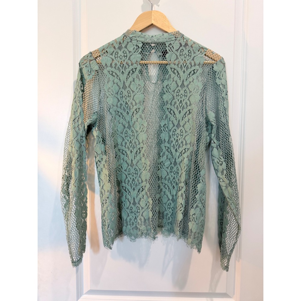 BKE Boutique Sage Green Sheer Lace Mock Neck Long Sleeve Top Size M BTQM4731 - Picture 1 of 8